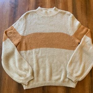 Roolee Sweater XL Tan Brown Stripe Knit Mock Turtleneck Balloon Sleeve Soft cozy